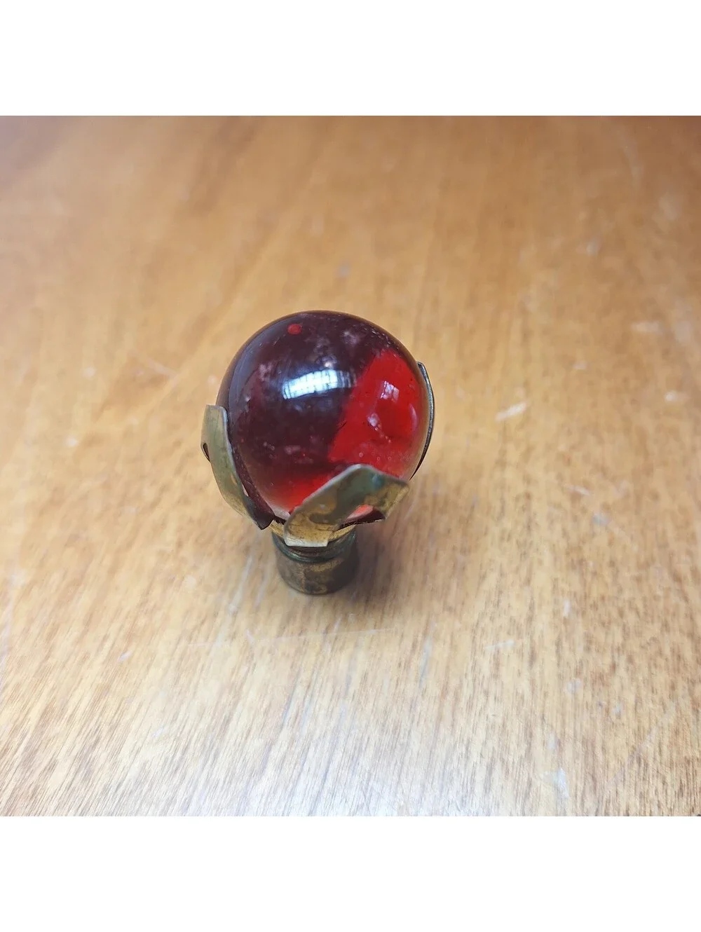 Vintage Art Deco Ruby Red Glass Marble Lamp Finial Wrapped In Brass 1.5